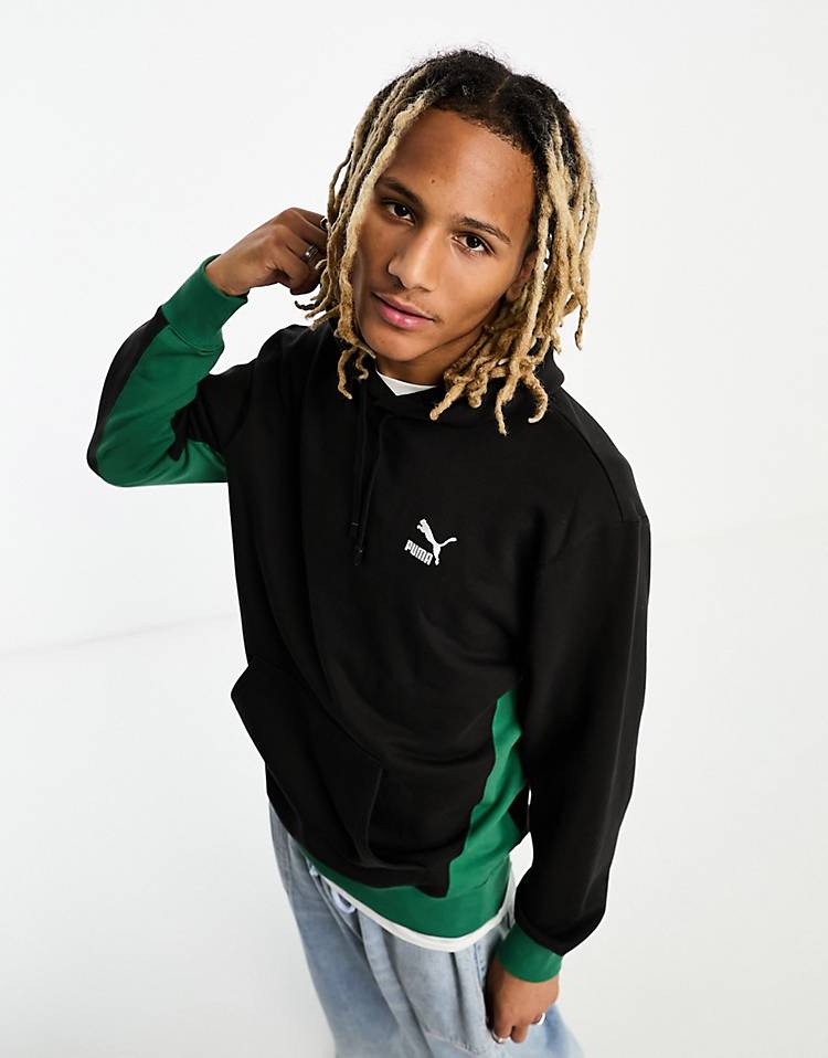 Puma Classics block hoodie in black and dark green